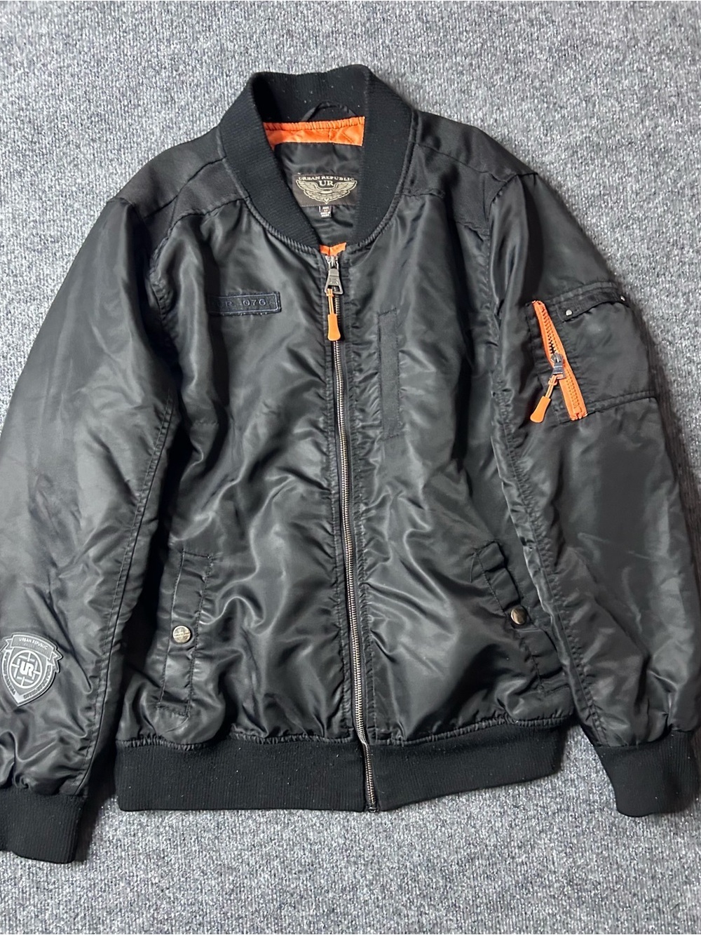 Black Urban Republic Bomber Jacket with Orange Accents Men’s Size Medium